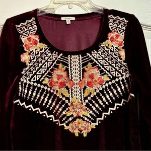 Embroidered Burgundy Velvet Top with Floral Design